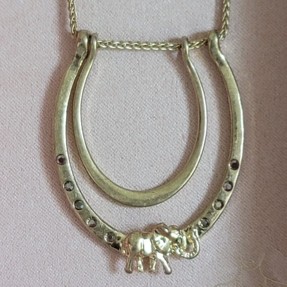 Lucky Brand Gold Necklace Distress Rhinestone Crystal Elephant Horseshoe Long - Picture 1 of 5